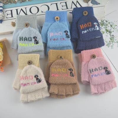 Herbst und Winter neue Kinder Halbfinger Klapphandschuhe Schüler Schreiben warme Wollhandschuhe niedliches Stricken