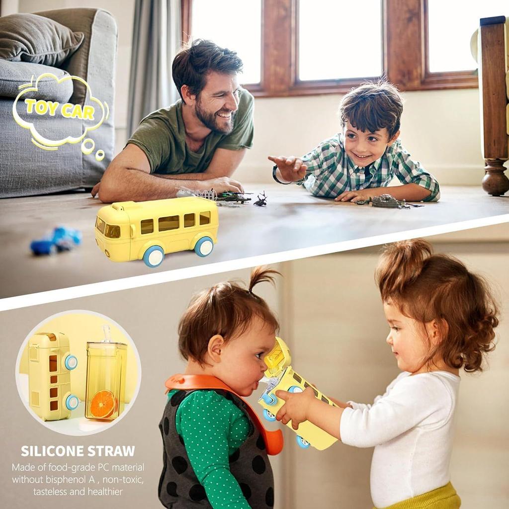 Water Bottle For Kids, Bus Shape Car Water Bottle with Straw For Kids, Portable Kid Water Cup with Shoulder Strap 500 ML