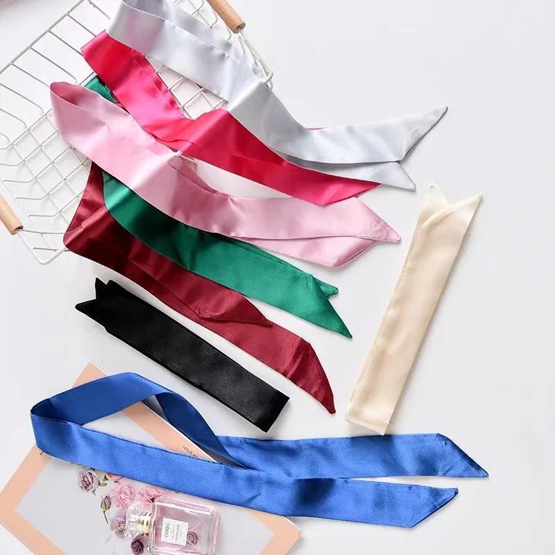 4X100cm Women Narrow Short Scarf 100x4cm Solid Color Chiffon Silk Rubber Black Bag Ribbon Headbands Choker Wristband Streamer