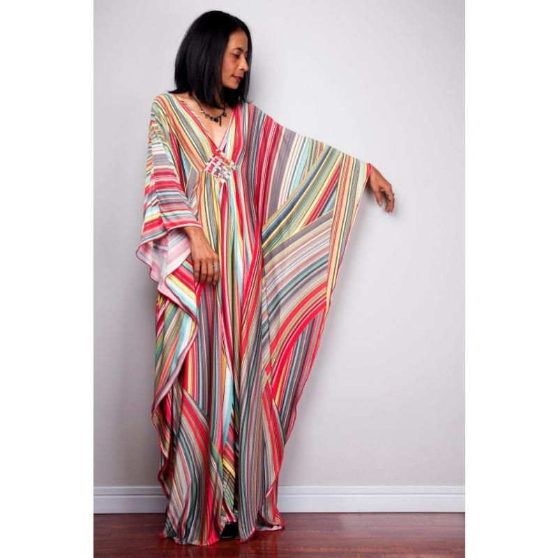 Mote for kvinner Vår Høst Fargeblokkprint Langermet V-hals Løs Midje Hverdagskjoler