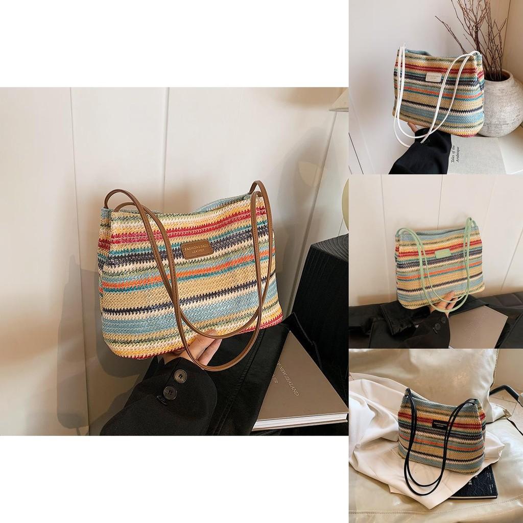 Stylish Large Capacity Rainbow Striped Woven Tote Bag For Trendy Daily Commute