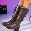 Women's Wide Width Mid-Calf Riding Boots, Metal Buckle Front Lace Up Ankle Boots, Vintage British Style Boots for Women