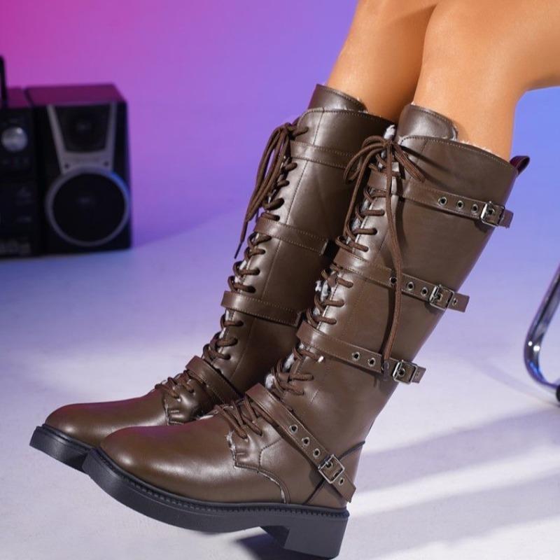 Women's Wide Width Mid-Calf Riding Boots, Metal Buckle Front Lace Up Ankle Boots, Vintage British Style Boots for Women