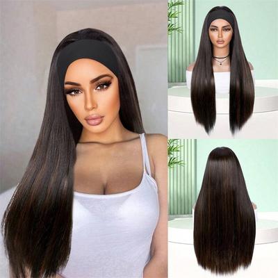 Synthetic Women's Headband Wig Black Long Straight Hair Natural Soft Daily Scarf Wigs for Women Heat Resistant Fiber