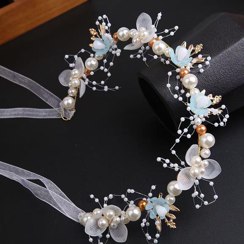 Golden Fairy Leaf Flower Pearl Headband - Elegant European Crown for Girls' Weddings
