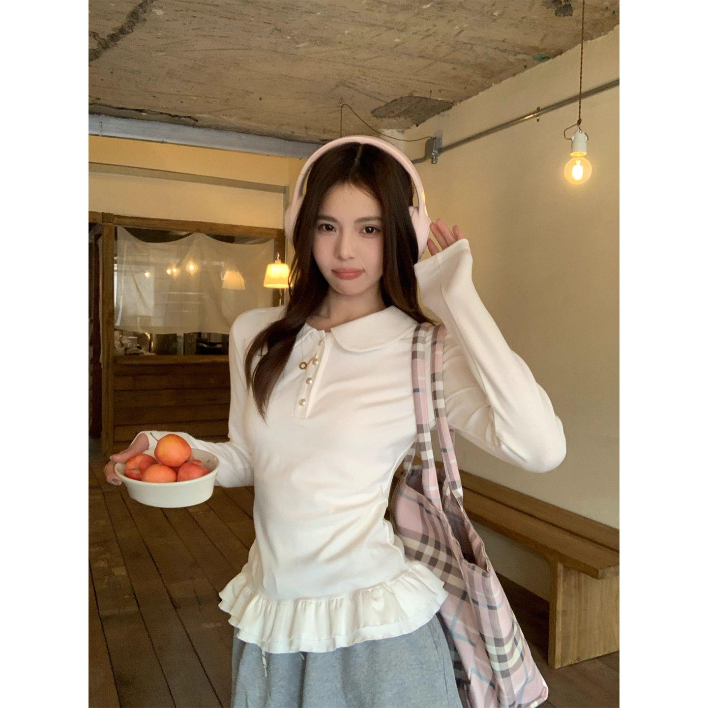 

Women s Long Sleeve Ruffled Velvet T-shirt with White Doll Collar - Slim Fit for Autumn/Winter L