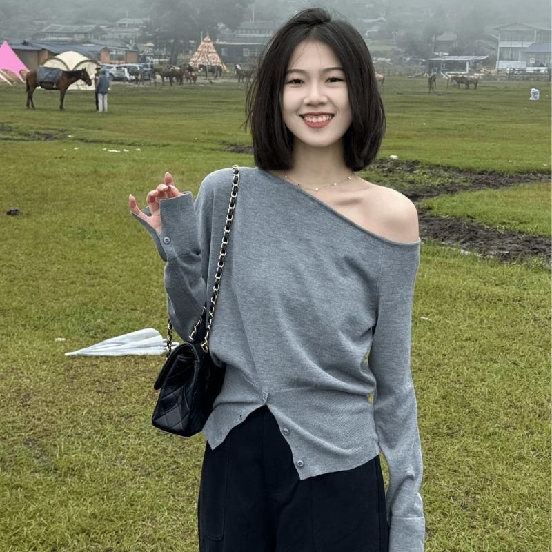 Fashion Off Shoulder Long Sleeve Knitted Sweaters Autumn Irregular Skew Neck Sexy Knitted Women Sweater Split Tops Winter Slim Casual Pullovers 25351