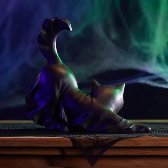 Black Ghost Cat Statue Resin Halloween Ghost Cat Figurine Gothic Feline Sculpture