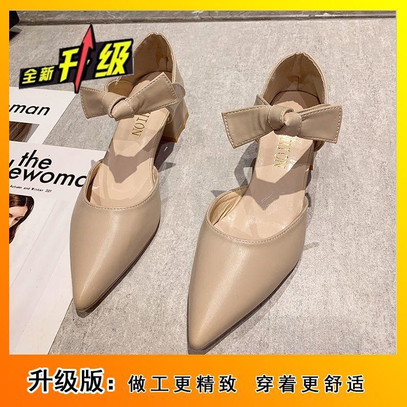 Baotou bow 5cm pointed head hollow high heels women's thick heel 2025 spring and summer new temperament single shoes middle heel