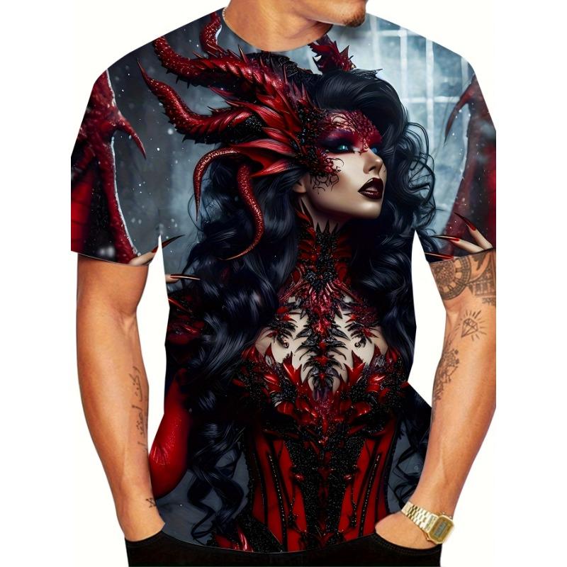 

Men s 3D Gothic Winged Portrait Graphic T-Shirt - Vibrant Red & Black Full-Body Print, S