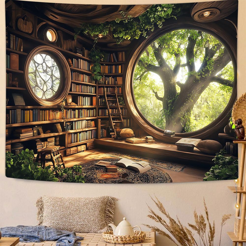Window Tapestry Forest Window Tapestry Library Tapestries Tree Bookshelf Wall Blanket For For Bedroom Living Room Dorm Decor