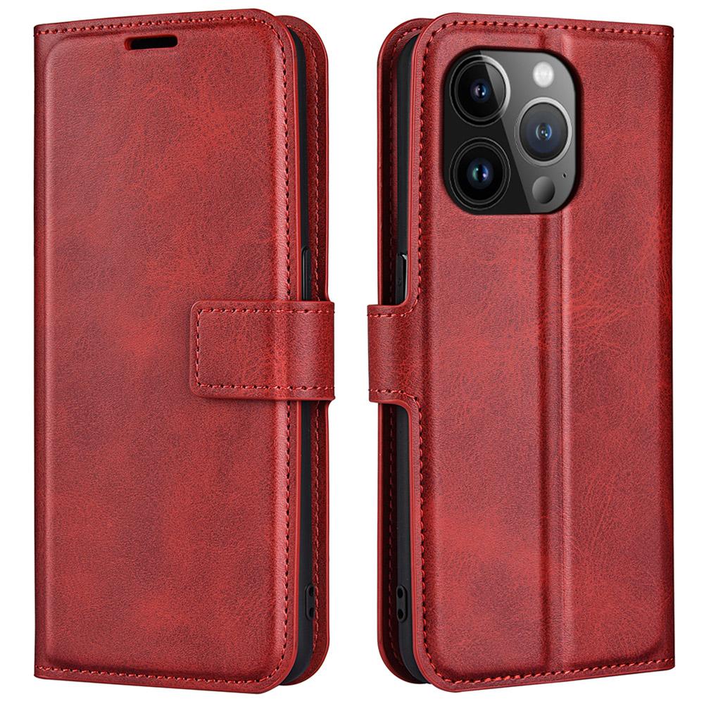 

For iPhone 15 Pro Max Calf Texture Leather Cover Square Magnetic Closure Stand Wallet Phone Case Red