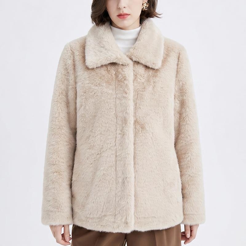 Women Lapel Collar Faux Fur Short Coat