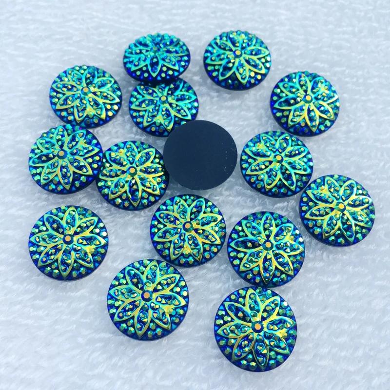 Diy 40pcs 14mm Round Flower Pattern Flat Back Party Decoration Button Lane Stone scrapbook.-A30