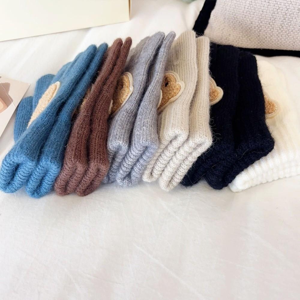 Solid Color Kids Winter Gloves Knitted Material Cartoon Bear Gloves Cozy Warm Gloves  For Girls