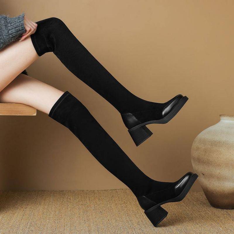 Autumn and winter suede over-knee women's boots high-heeled sleeve large-size leather shoes square heel Korean version square head thick-soled non-sl