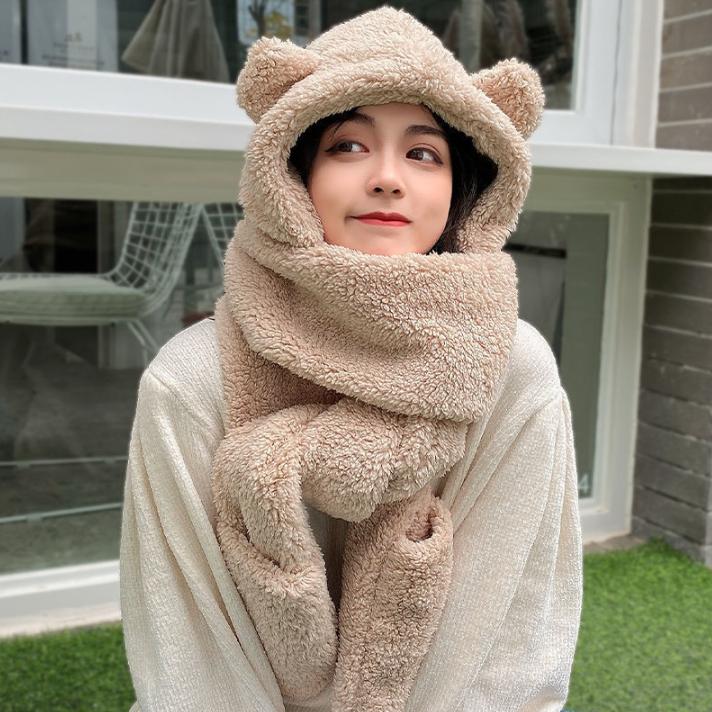 New Cute Bear Ear Hat Scarf Gloves Set Winter Women Beanies Caps Warm Plush Fleece Casual Solid Hats Kawaii Present