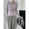 Luxi Korean Style Versatile Rolled Edge Round Neck Bottoming Shirt for Women Autumn New Long-sleeved Inner Slim Fit Top