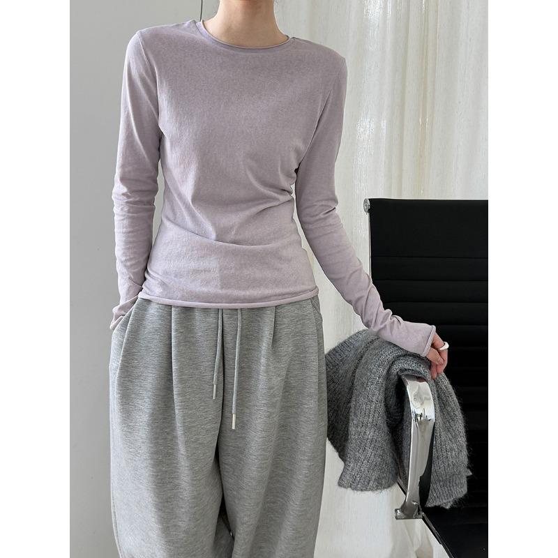 Luxi Korean Style Versatile Rolled Edge Round Neck Bottoming Shirt for Women Autumn New Long-sleeved Inner Slim Fit Top