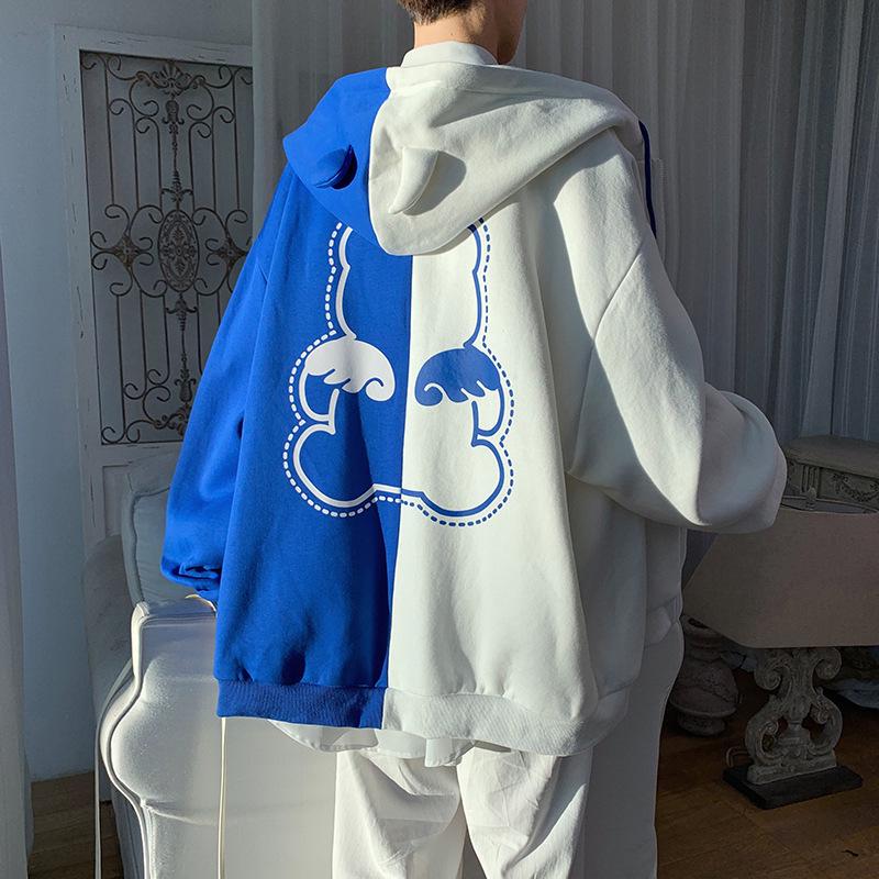 Fairy Couple Pink & White Contrast Bear Jacket Cardigan - Men's Spring/Autumn Baseball Sweater