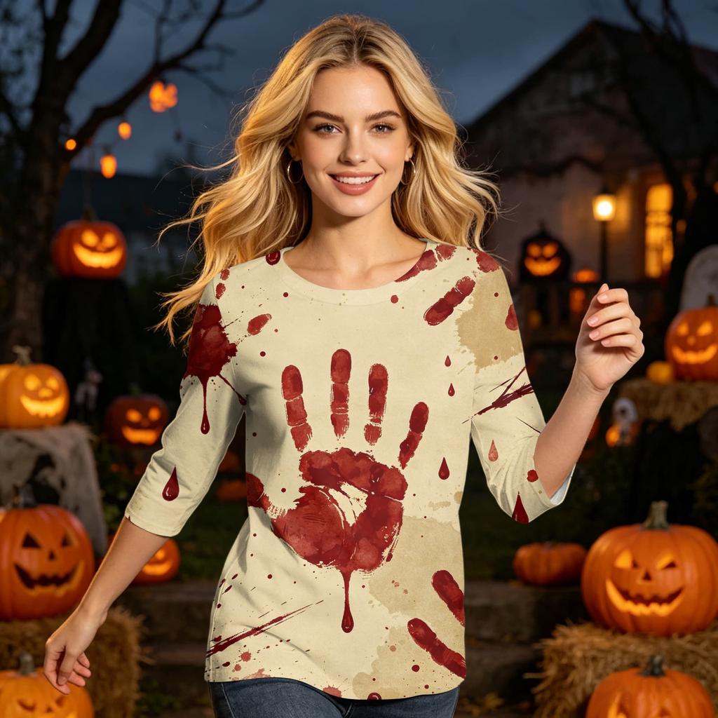 Halloween Shirt for Women 3/4 Sleeve Tunic Top Funny Splatter Pattern Casual Loose Holiday Graphic Blouse