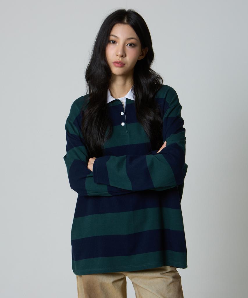 UNKNOWN PLANET Striped Rugby Collar Shirt Green