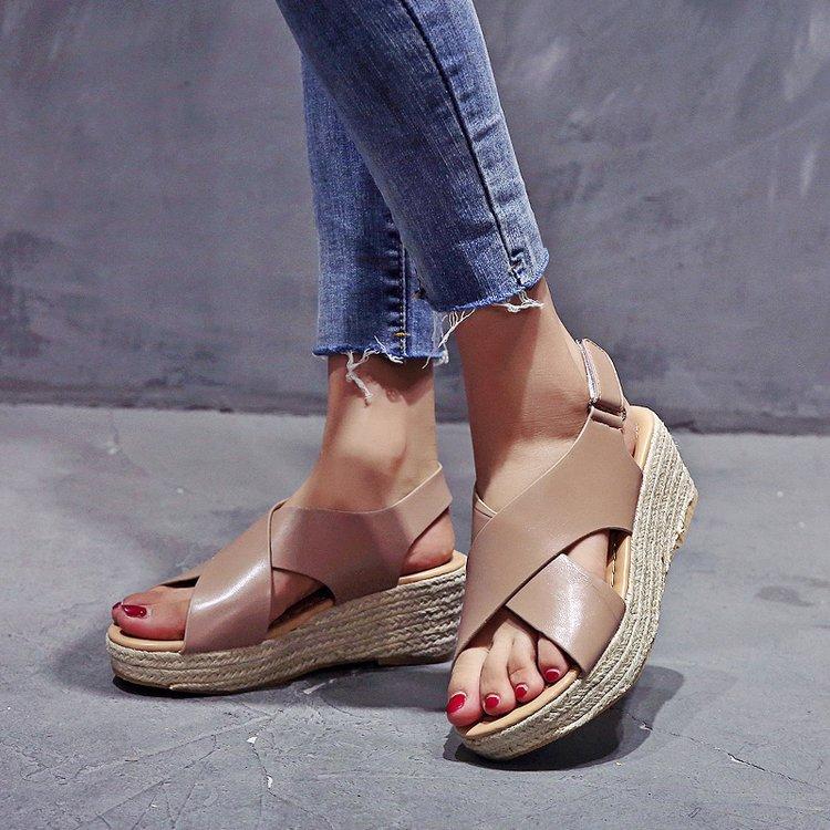 Wedge heel fish mouth shoes high heel women open toe magic tape cross sandals