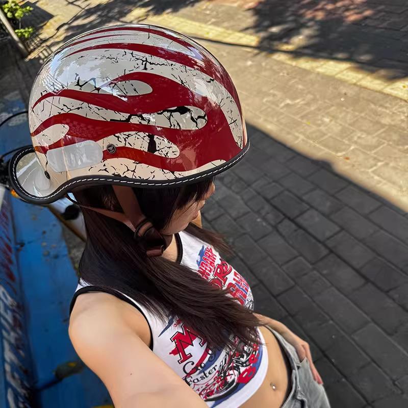 Retro Men's Motorcycle Half Helmet with Goggles, Flip-up American Style