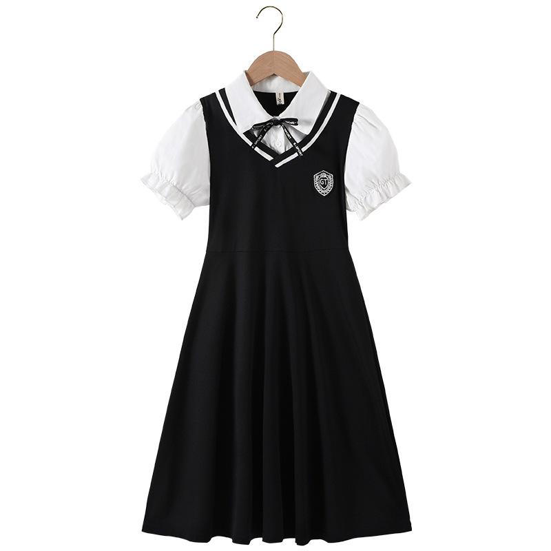 

Летнее платье в стиле девичьей академии - имитация двойки с рубашечным воротником для учениц начальной школы, 2025 140 cm чёрный