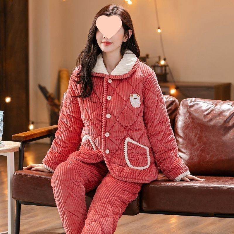 Pajamas women's winter warm winter fleece thickened coral fleece three layers of cotton autumn and winter women's loungewear