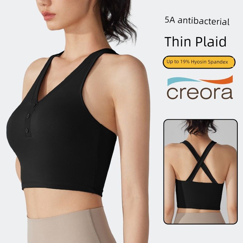 

Nude Feel Antibacterial Sports Intimates Sexy Crossover Back-Beautifying Running Workout Yoga Vest Women s Button Sling with Chest Pad Black M