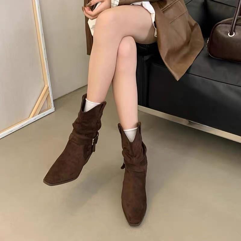 French retro short boots women's 2025 autumn new western cowboy boots thick heel pointed mid tube fashion boots stacking boots