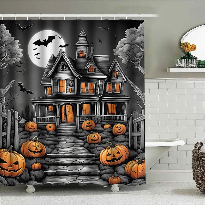 

1Pcspooky Haunted House Halloween Bathroom Curtain For Kids Girls Room Decor Scary Backdrop W60H190(CM)-1 Pcs