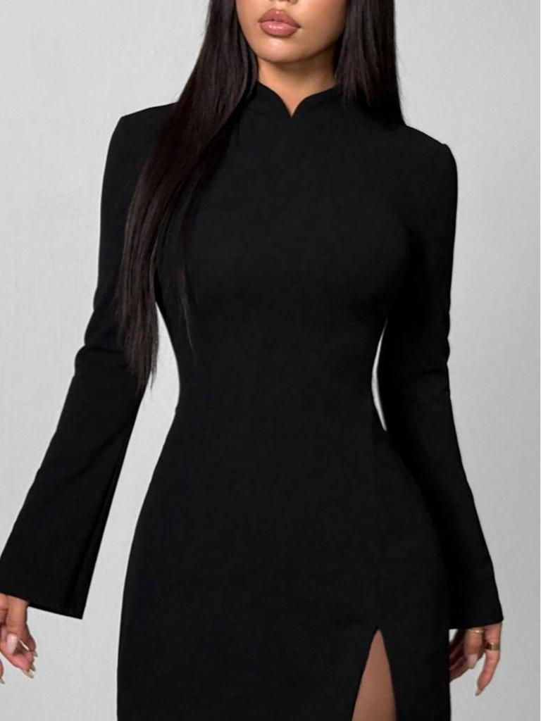 Vestido Longo de Manga Comprida Sólido Sexy com Fenda Europeu Americano Feminino 2026