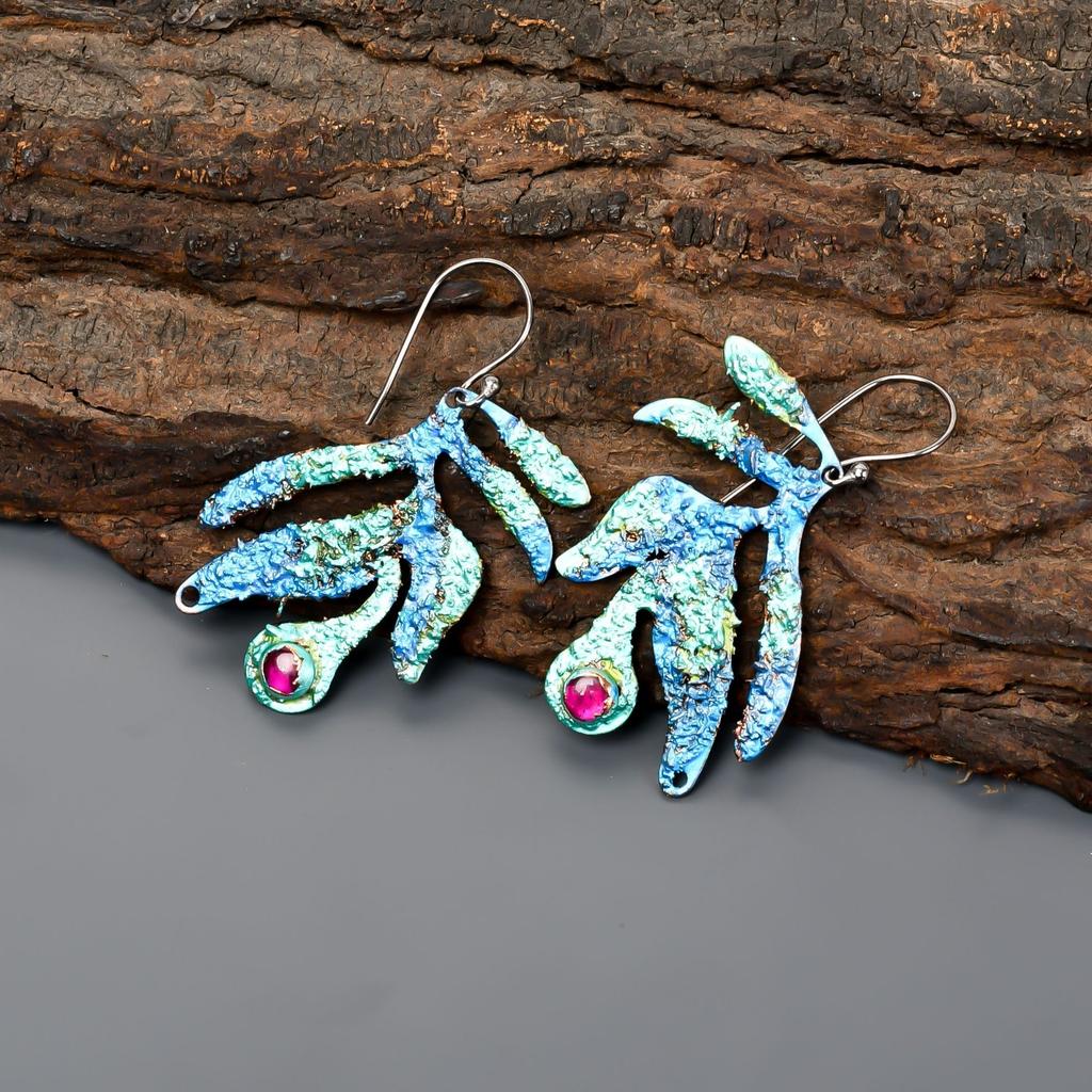 Natural Pink Ruby Copper July Dangle Multi Electroformed Anniversary EarringsRou V-92