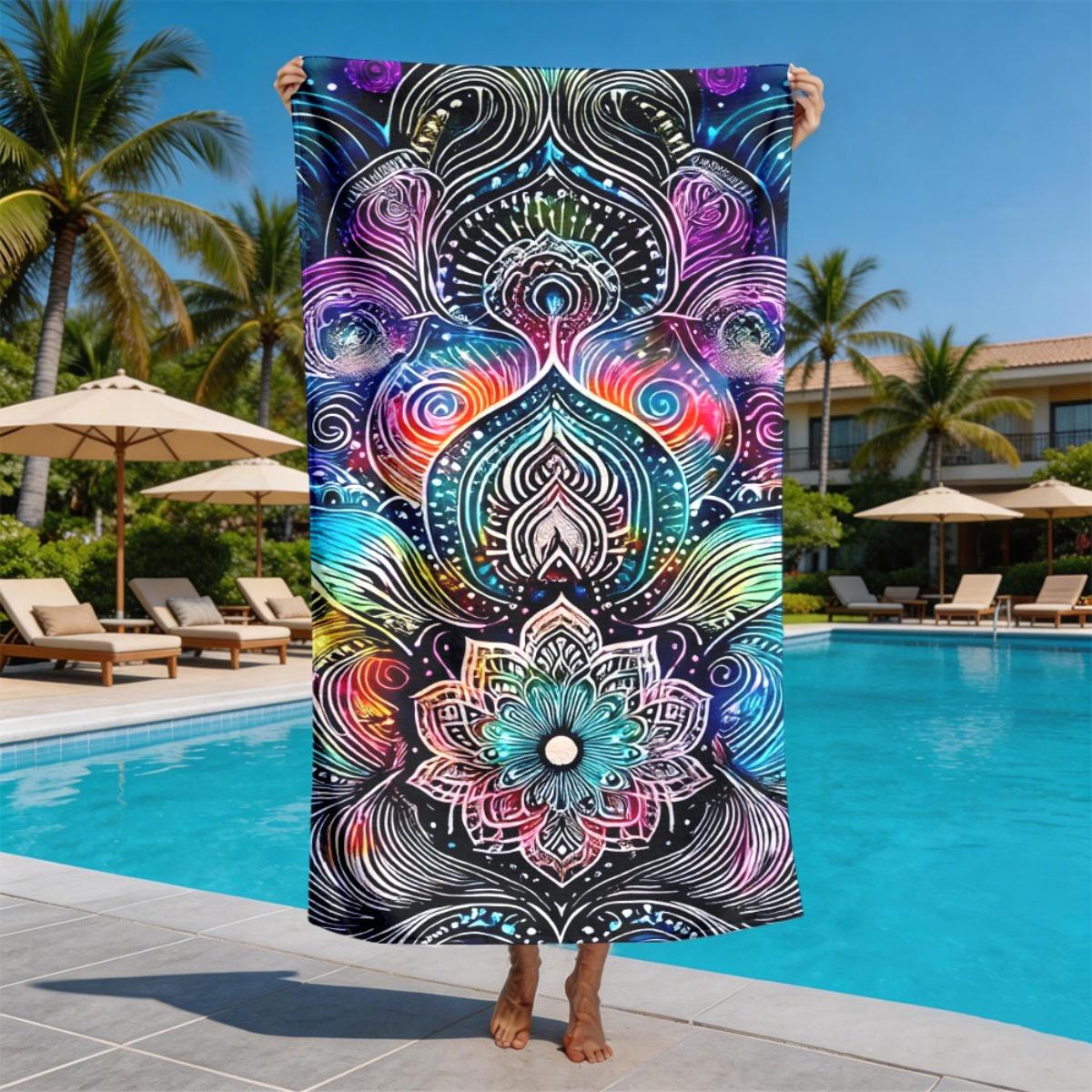 Neon mandala lotus pattern polyester microfiber beach towel is highly absorbent, suitable for swimming and beach outings W40*H60(CM)