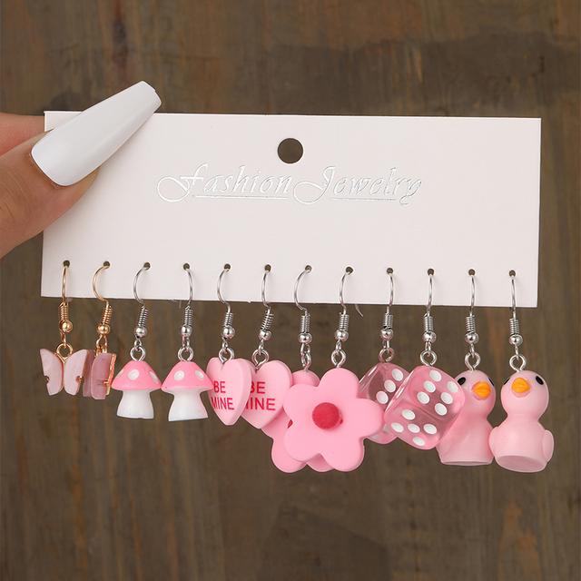 Cartoon Duck Frog Dangle Earrings Set Cute Animal Butterfly Heart Mushroom Drop Earrings for Women Girls Trendy Jewelry Gifts