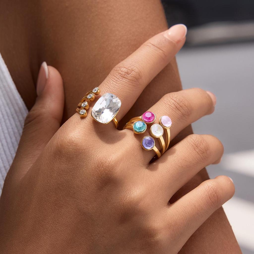 Wanxing 18K Gold Plated Stainless Steel Colorful Rhinestone Multi-layer Open Round Ring - Women's Classic Style