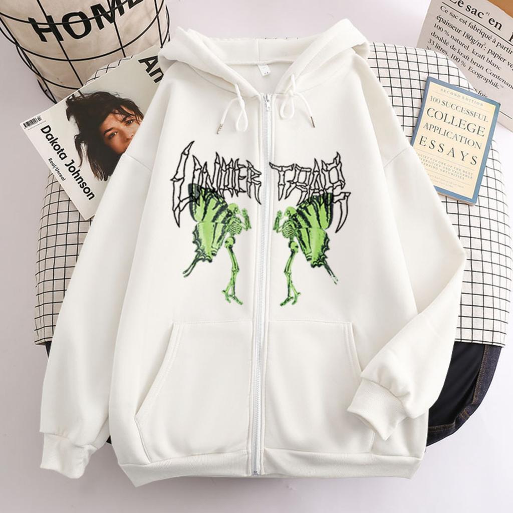 Women's Hooded Zip Up Loose Fit Long Sleeve Printed Butterfly Casual Cardigan Sweatshirt Jacket