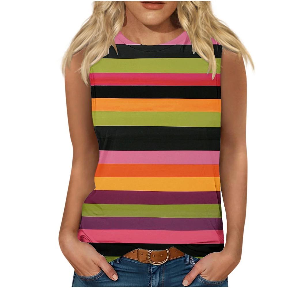 Bunte Streifen 3D-Druck Tanktops Damen Neu O-Ausschnitt Lässige Weste Schulterfrei Y2k Elegant Ärmelloses Top Camisole Damenbekleidung