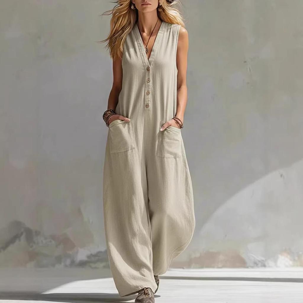 2026 European & American Style Dual Pocket Sleeveless Linen-Cotton Jumpsuit