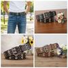 Double Row Needle Buckle Hollow Rivet Belt Adjustable Black Leather Waistbands  Women