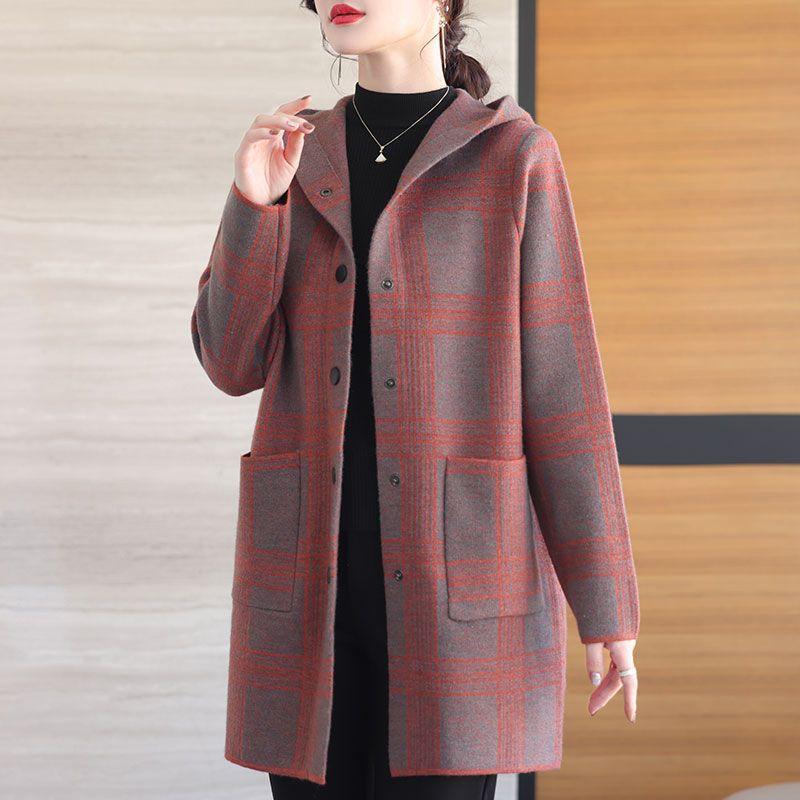 

Women s plaid hooded woolen jacket mid-length new plus-size women s jacket for autumn and winter 5XL червоний