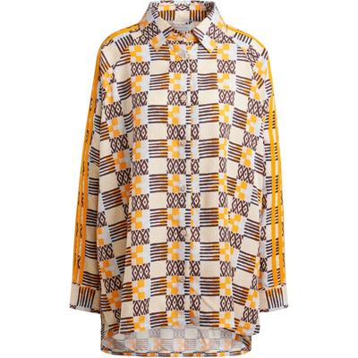 Original 80er Langarmhemd mit Vollmusterstreifen und Umlegekragen Damen Tops Grau Braun JC6156