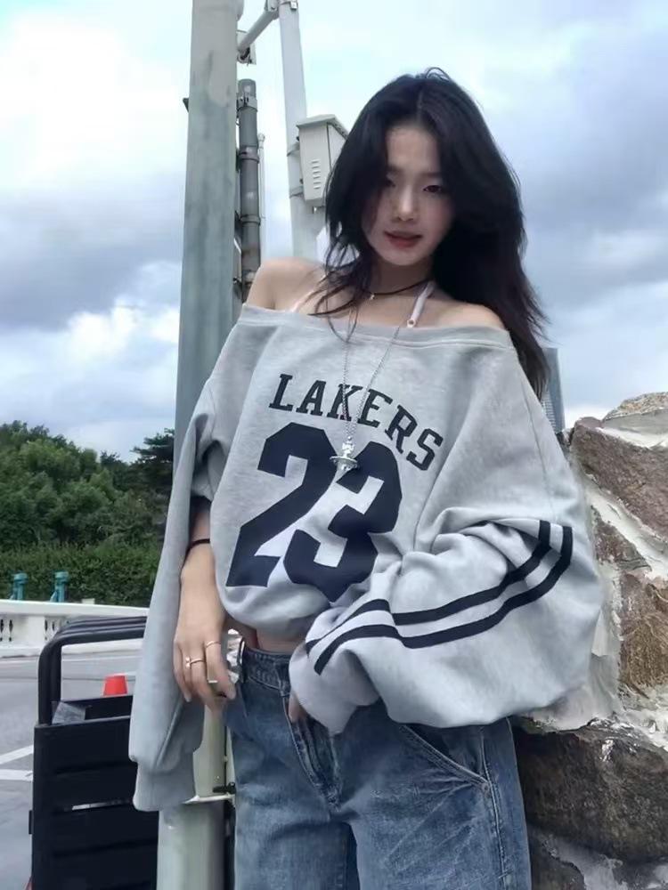 Damen Schräg-Schulter Langarm Retro T-Shirt - Frühling/Herbst 2025