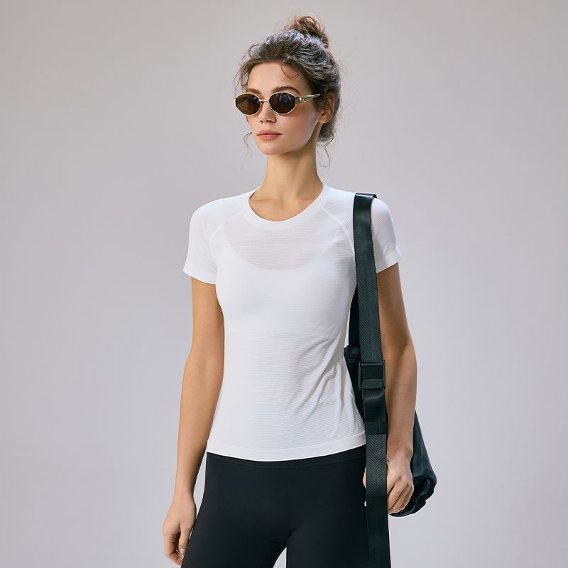Mitaogirl Kendall Sports Tops Women's Breathable Quick-Drying Workout Clothes Running Fitness Yoga Shoulder White T-shirt