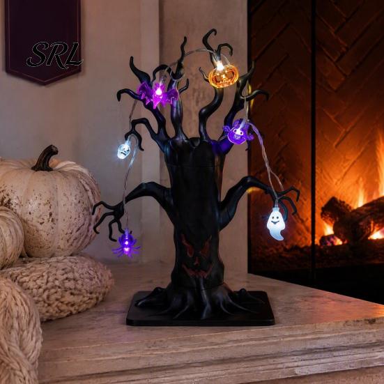 Spooky Seasonal Room Accents Halloween Lighted Ghost Tree Centerpiece with LED Lights, Pumpkin Bat Desktop Decorations for Home Spider Light