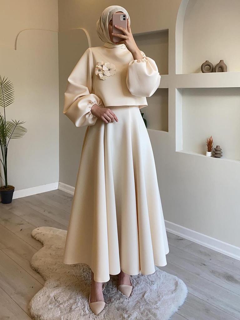 Autumn  Dubai Floral Lantern Sleeve Loose Dress & Skirt Set for Women