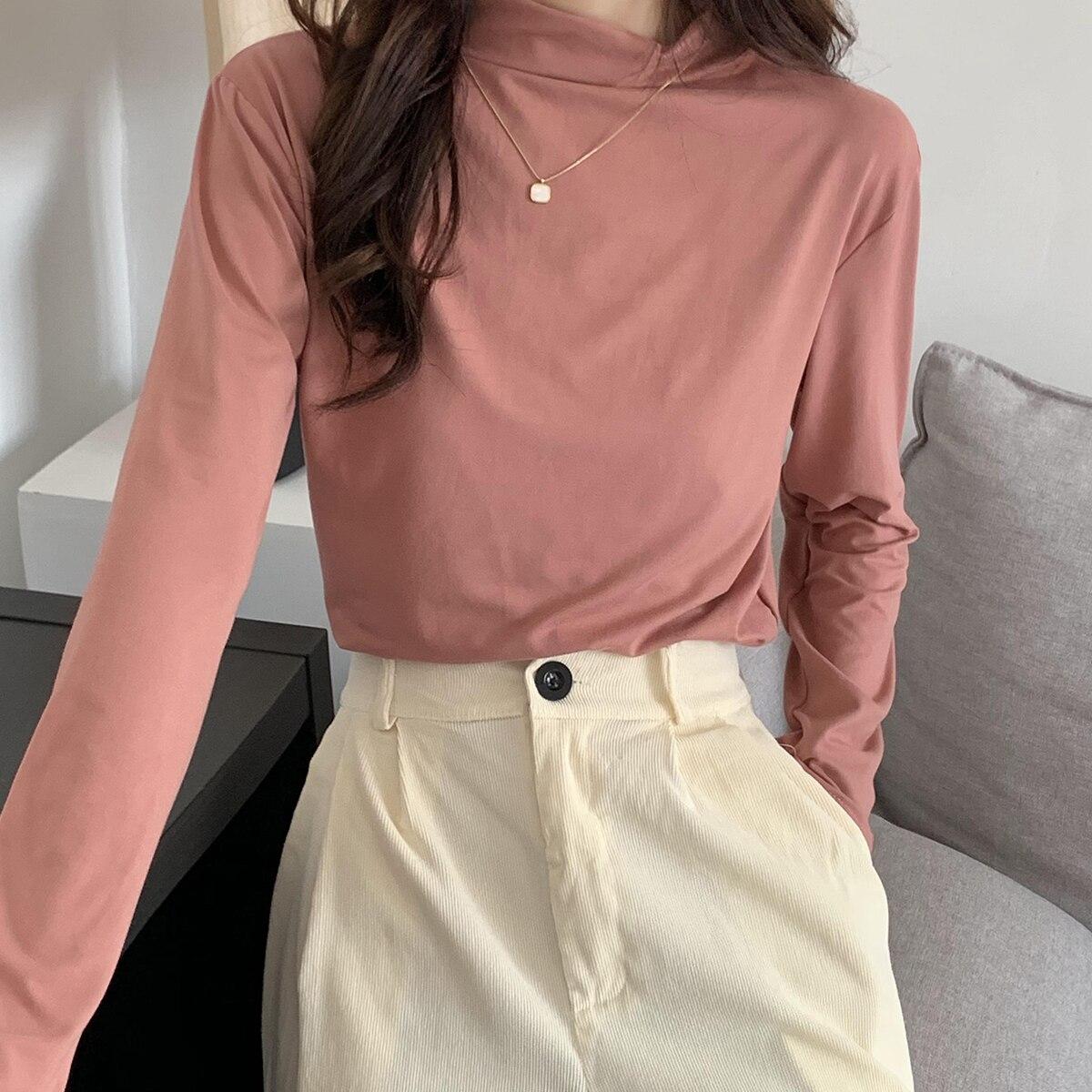 

Рубашка с длинным рукавом, женские футболки, осенне-зимняя модная женская повседневная узкая эластичная футболка с воротником-стойкой, пуловеры, топы One Size серый