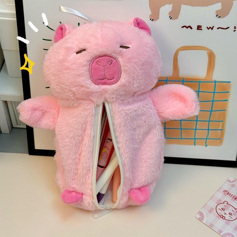 1Pc Cartoon Animal Pen Bag Multifunction Plush Capybara Pencil Case Pen Storage Bag Large Capacity Stationery Pouch